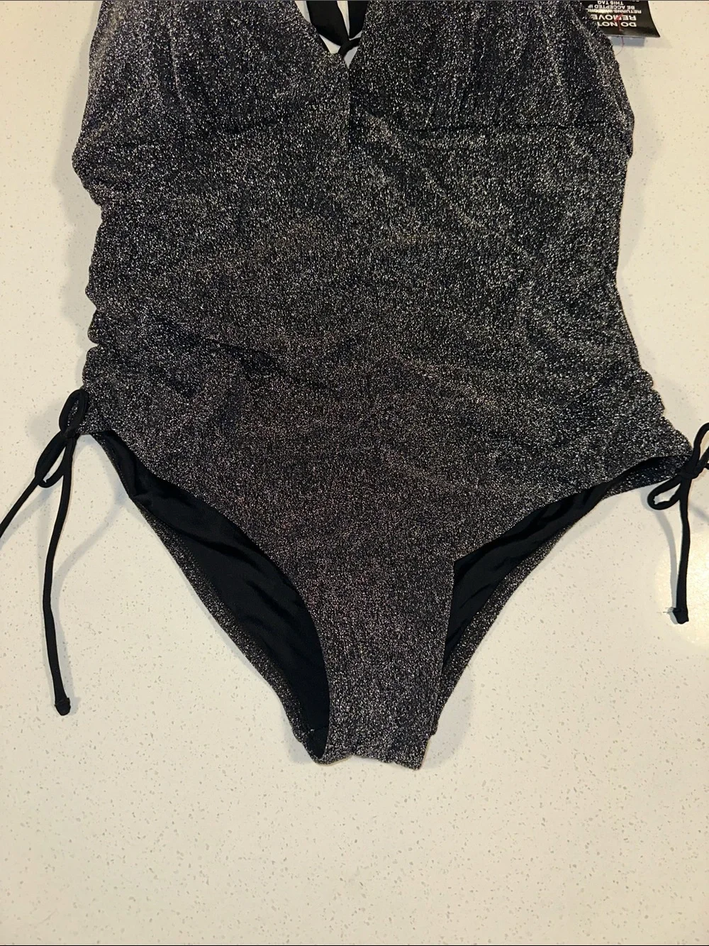 Swimsuits- Women’s Shimmery Black One-Piece Swimsuit with Adjustable Ties